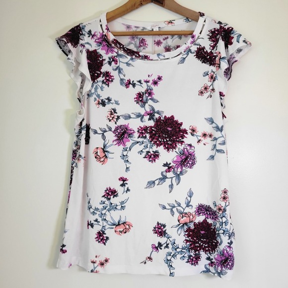 Candie's Tops - Candies Womens Floral Pearl Neck Flutter Sleeve Blouse Top Purple White Size M